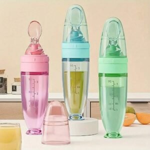 New 90ml/3OZ Colorful Silicone Baby Bottle Feeder with Soft Spoon, Suction Cup and Dust Cap, Portable Squeeze Feeding Bottle