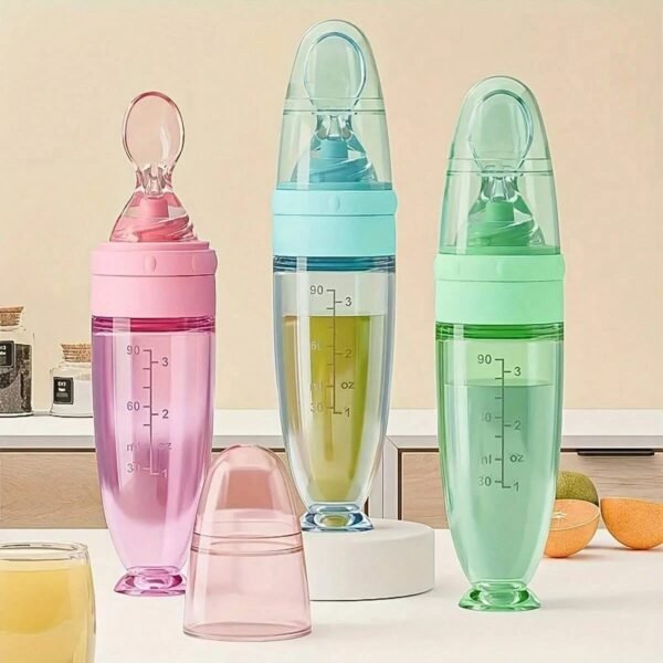 New 90ml/3OZ Colorful Silicone Baby Bottle Feeder with Soft Spoon, Suction Cup and Dust Cap, Portable Squeeze Feeding Bottle New 90ml/3OZ Colorful Silicone Baby Bottle Feeder with Soft Spoon, Suction Cup and Dust Cap, Portable Squeeze Feeding Bottle