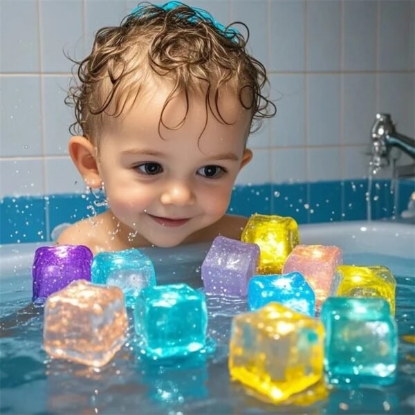 6/12PCS Kids Bath Toy Simulation Ice Cube Liquid Water Sensor Reusable Glowing Flashing Ice Cube for Bathtub, Swimming Pool