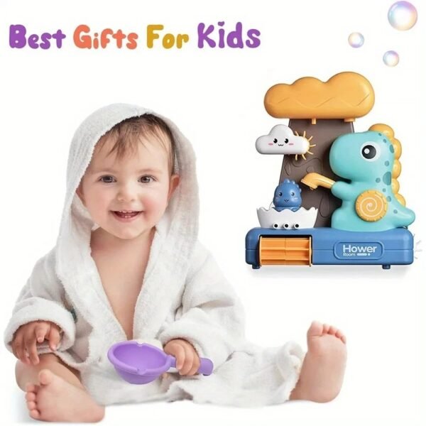 Baby bath toy - dinosaur shaped shower head with detachable dinosaur and bath accessories, soft and non-toxic bath time game