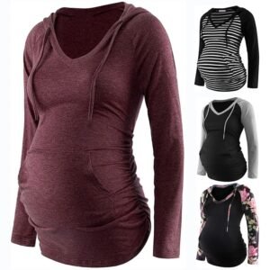 Women Maternity Hoodies Striped Print Long Sleeve V-neck Hoodie Sweatshirts Top Mom Pregnant Nursing Autumn And Winter Clothes